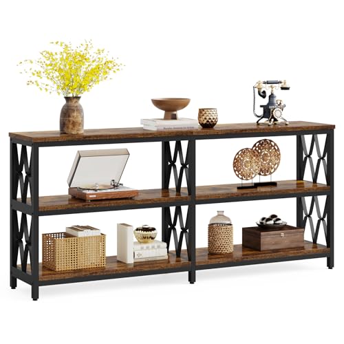 LITTLE TREE Rustic Brown & Black 70.9-Inch 3-Tier Console Table with Storage Shelves