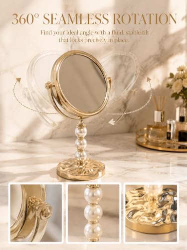 Gold Double Sided Makeup Mirror with 1X & 2X Magnification - Swivel Tabletop Vanity Mirror