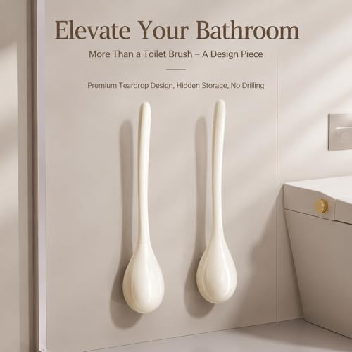 Toilet Brush & Holder Set Wall-Mounted Auto-Close Lid Cream White