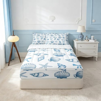 Blue White Starfish Shell Comforter Set Twin Zipper Bedding for Kids Coastal Ocean