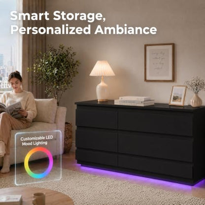 Black 6-Drawer Dresser with LED Light & Charging Station - Variation: Black