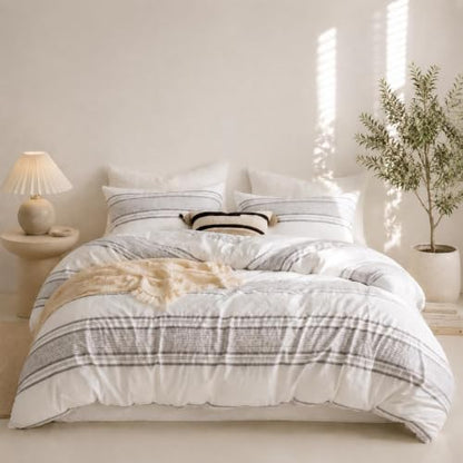 Queen Duvet Cover Set - Striped Lyocell Linen Blend, Dark Gray - Sleep Zone