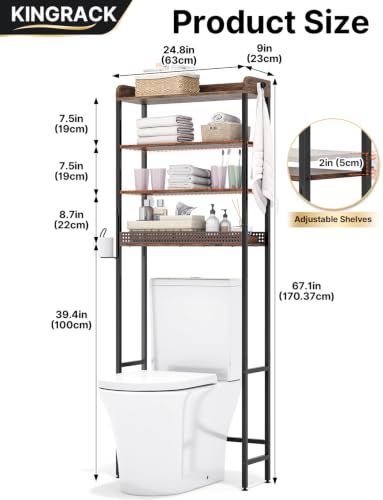 KINGRACK Brown 4-Tier Over-the-Toilet Bathroom Shelf with Hooks