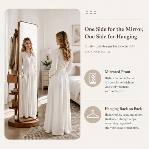Walnut 360 Rotating Floor Mirror with Coat Rack - 2 Pieces