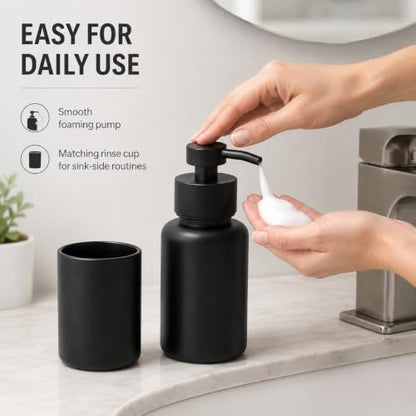 Matte Black Glass Soap Dispenser and Toothbrush Cup Set - Stable, Stylish Bathroom Accessory