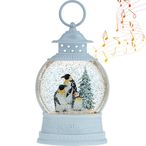 Penguin Snow Globe Lantern Christmas Decor with Music & Timer - Swirling Glitter Lighted Holiday Gift
