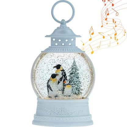 Penguin Snow Globe Lantern Christmas Decor with Music & Timer - Swirling Glitter Lighted Holiday Gift
