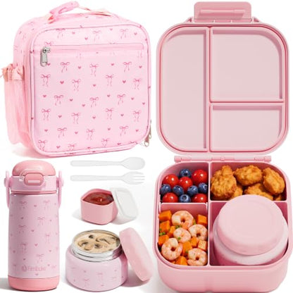 Kids Bento Lunch Box Set with Insulated Water Bottle - Heart Bow Variation