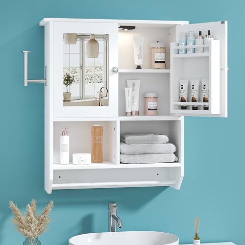 Bathroom Wall Cabinet with LED Light & Mirror, Adjustable Shelves, Towel Bar