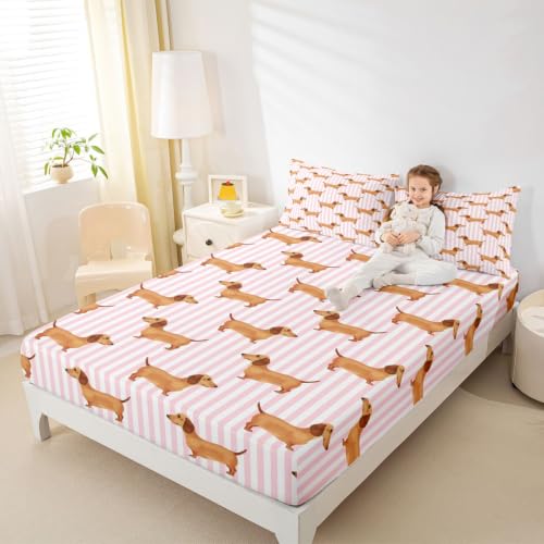Castle Fairy Pink Striped Dachshund Bed Sheet Set King Size - Deep Pocket Kids Bedding