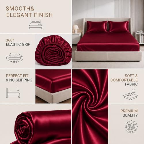 Queen Burgundy Satin Silk Fitted Sheet - 15 Inch Deep Pocket, All-around Elastic