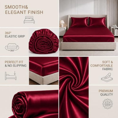 Queen Burgundy Satin Silk Fitted Sheet - 15 Inch Deep Pocket, All-around Elastic