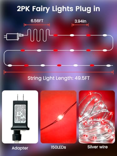 Fairy Lights 2 Pack 99 FT Red & White LED String Lights with 9 Modes, Waterproof