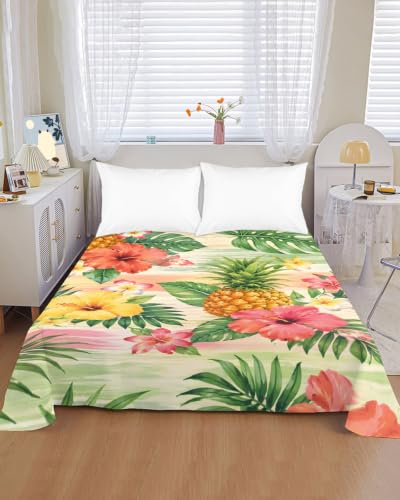 King Size Flat Sheet Only Summer Pineapple Flower Leaves Bed Top Sheet Microfiber Breathable Bedding - Lime, Coral