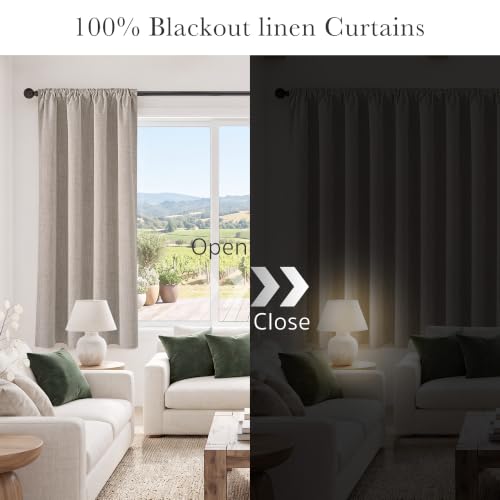 Blackout Linen Curtains 42W x 48L - 2 Panels, Rustic Farmhouse Style
