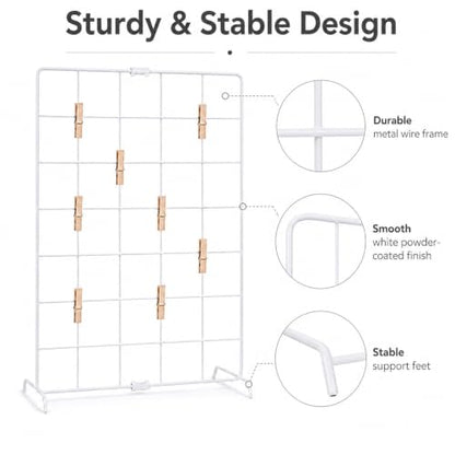 White Metal Wire Display Stand with Wooden Clips for Photos & Jewelry - 27.6 x 13.8 Inches