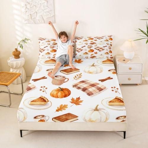 Orange Brown Kids Queen Fitted Sheet Set with Pillowcases - No Top Sheet