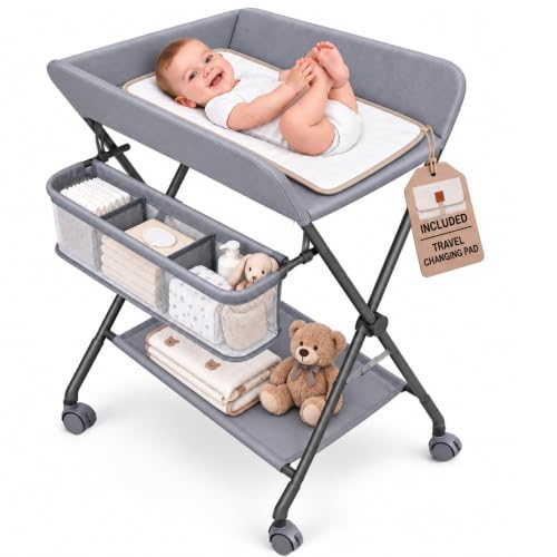 Baby Changing Table with Wheels, Portable Foldable Diaper Station, Adjustable Height Nursery Organizer
