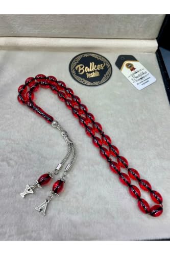 Religious Prayer Beads with Custom Engraving - Sıkma Kehribar, Silver Tassel, Leather Gift Box