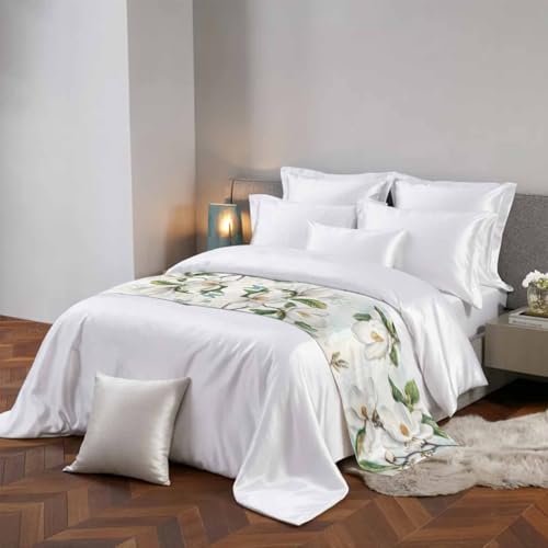94x20in White Magnolia Flower Bed Runner for King Bed - Decorative Bed Scarf