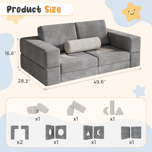 Grey Modular Kids Play Couch - 17-Piece Toddler Sofa with Shape Pillows & Window Panels