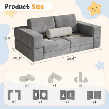 Grey Modular Kids Play Couch - 17-Piece Toddler Sofa with Shape Pillows & Window Panels