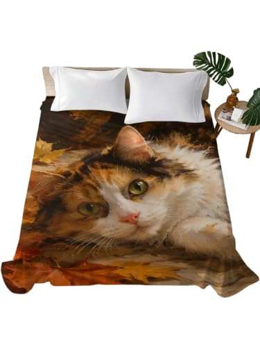Brown King Size Maple Leaves Flat Bed Sheet Microfiber Fall Foliage Cat Bedding