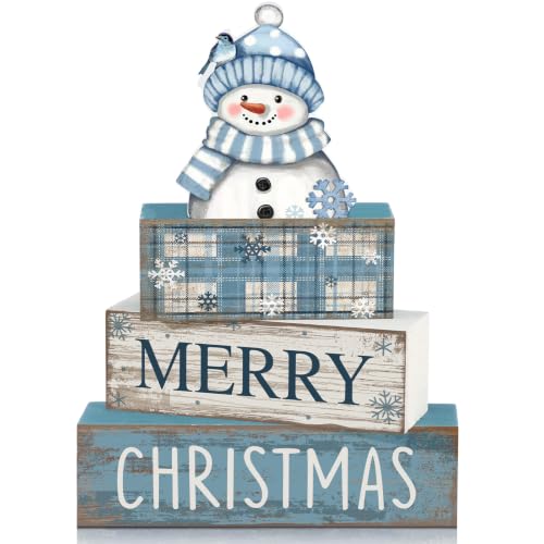 Christmas Snowman Wooden Sign & Book Decor Set - Blue Snowman Variation