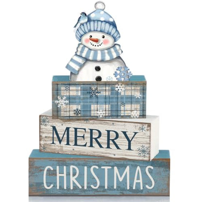 Christmas Snowman Wooden Sign & Book Decor Set - Blue Snowman Variation