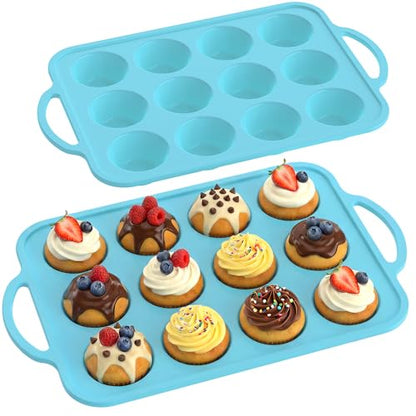 Blue Silicone Muffin Pan for Baking 12 Cups Nonstick Food Grade Mold - Reinforced Frame