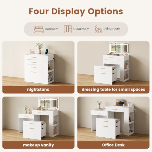 4-in-1 Vanity Desk with Mirror, LED Lights & Storage Stool