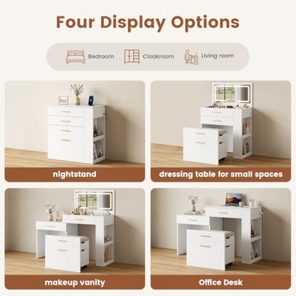4-in-1 Vanity Desk with Mirror, LED Lights & Storage Stool
