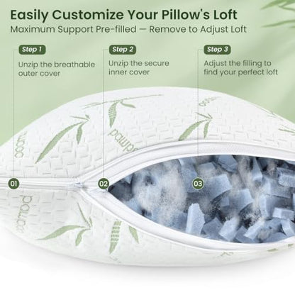 Queen Size Cooling Shredded Memory Foam Pillows Set of 2 - Adjustable Support with Washable Cover