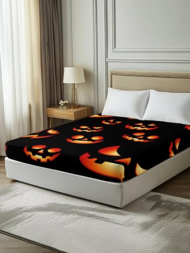 Halloween Twin Flat Sheet Spooky Jack-O-Lanterns Bedding - Black, Red, Orange, 66x96 Inches