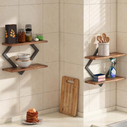 2-Tier Wooden Floating Wall Shelves Set - Brown, 3 Pieces