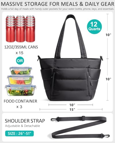 Puffy Insulated Lunch Tote Bag for Women with Multiple Pockets - Black