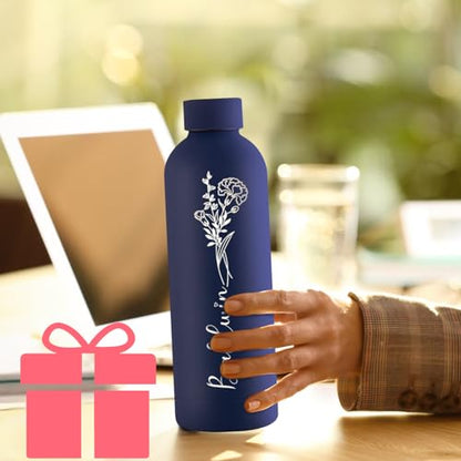 Personalized Water Bottles Custom Engraved Sports Bottles with Birth Month Flower Name 16oz Cup Customized Insulated Stainless Steel Bottle Keep Cold Hot Office Birthday Gifts for Men Women