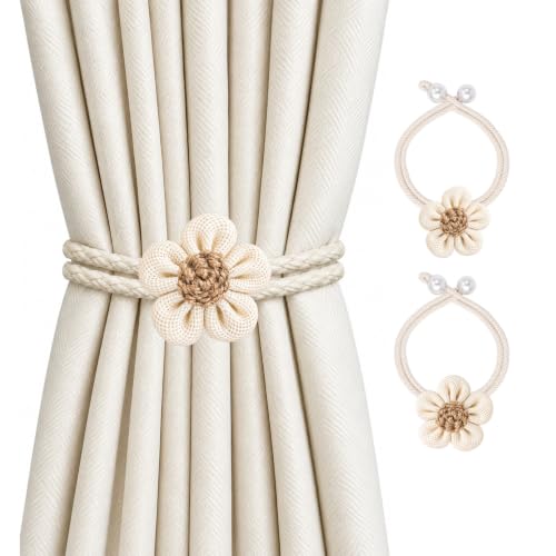 Cream Flower Curtain Tiebacks 2 Pack with Adjustable Rope & Wooden Bead - No Drill Decor