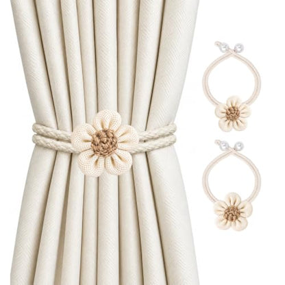 Cream Flower Curtain Tiebacks 2 Pack with Adjustable Rope & Wooden Bead - No Drill Decor