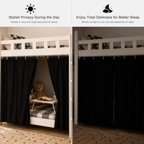 Black Bunk Bed Curtains Blackout Privacy Canopy Drapes - Black, 2 Panels