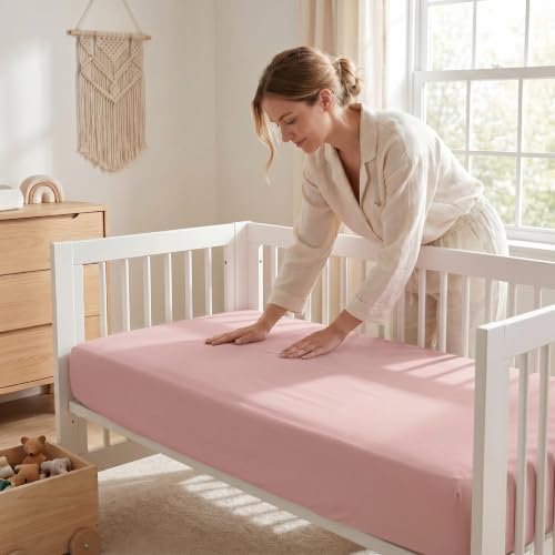 Baby Crib Sheets for Girls & Boys 3 Pack Pink+White+Flower Fitted 52x28x8 Inches