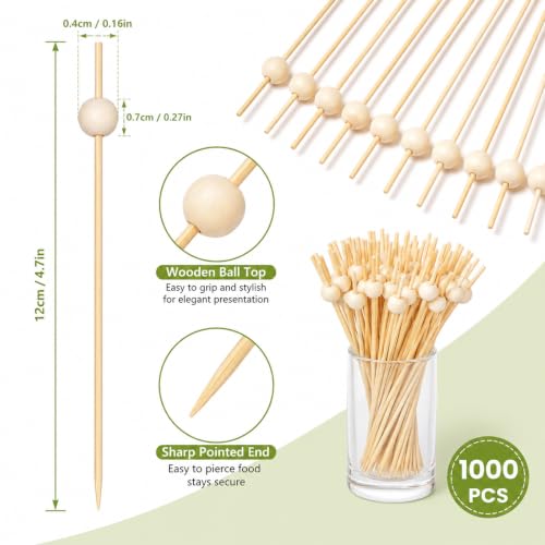 1000 Wooden Cocktail Picks - 4.7 Inch Food & Drink Skewers for Appetizers