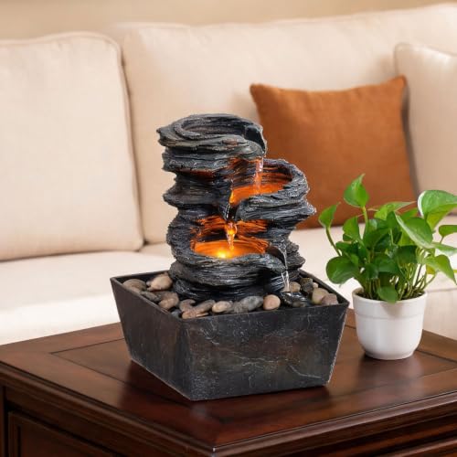Indoor Tabletop Water Fountain with LED Lights, 3-Tier Resin Rock Waterfall