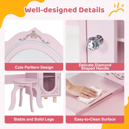 Kids Vanity Set with Large Lighted Mirror and Storage Cabinet - Princess Toddler Dressing Table & Stool
