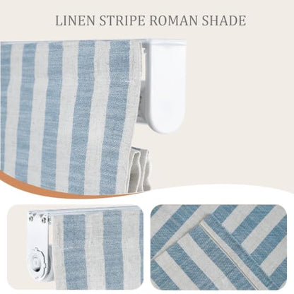 Blue White Striped Linen Roman Shade - Customized, 1 Panel, Cordless