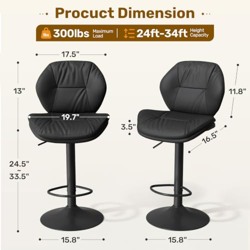 Nalupatio Set of 3 Black Adjustable Swivel Bar Stools with Double-Layer Upholstered Seats