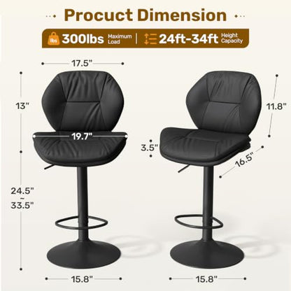 Nalupatio Set of 3 Black Adjustable Swivel Bar Stools with Double-Layer Upholstered Seats