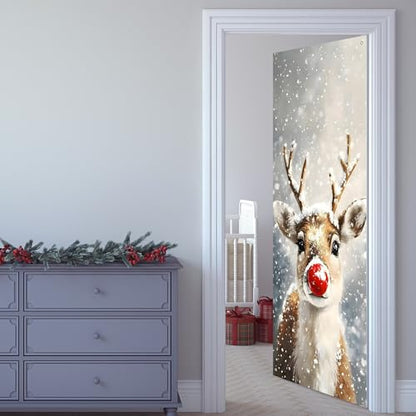Christmas Door Cover Decoration Red Reindeer Holiday Front Door Banner 35x79 Inch