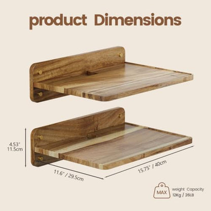 2 Pieces Acacia Wood Wall Mount Floating Shelf for Projector Router Modem TV