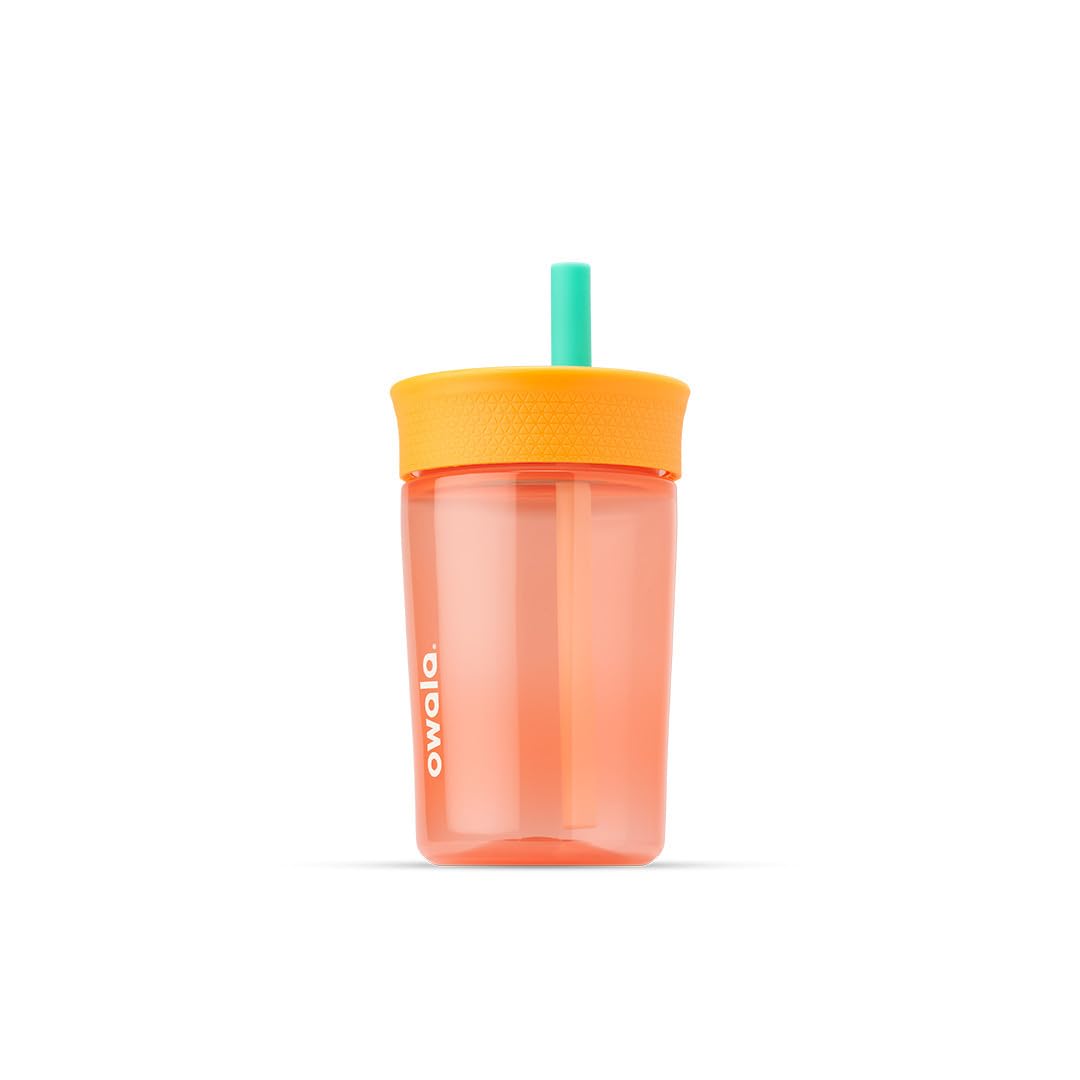 Owala Kids Insulation BPA-Free Plastic Tumbler with Spill Resistant Flexible Straw, Easy to Clean, Kids Water Bottle, Great for Travel, Dishwasher Safe, 15 Oz, Orange and Peach (Watermelon)